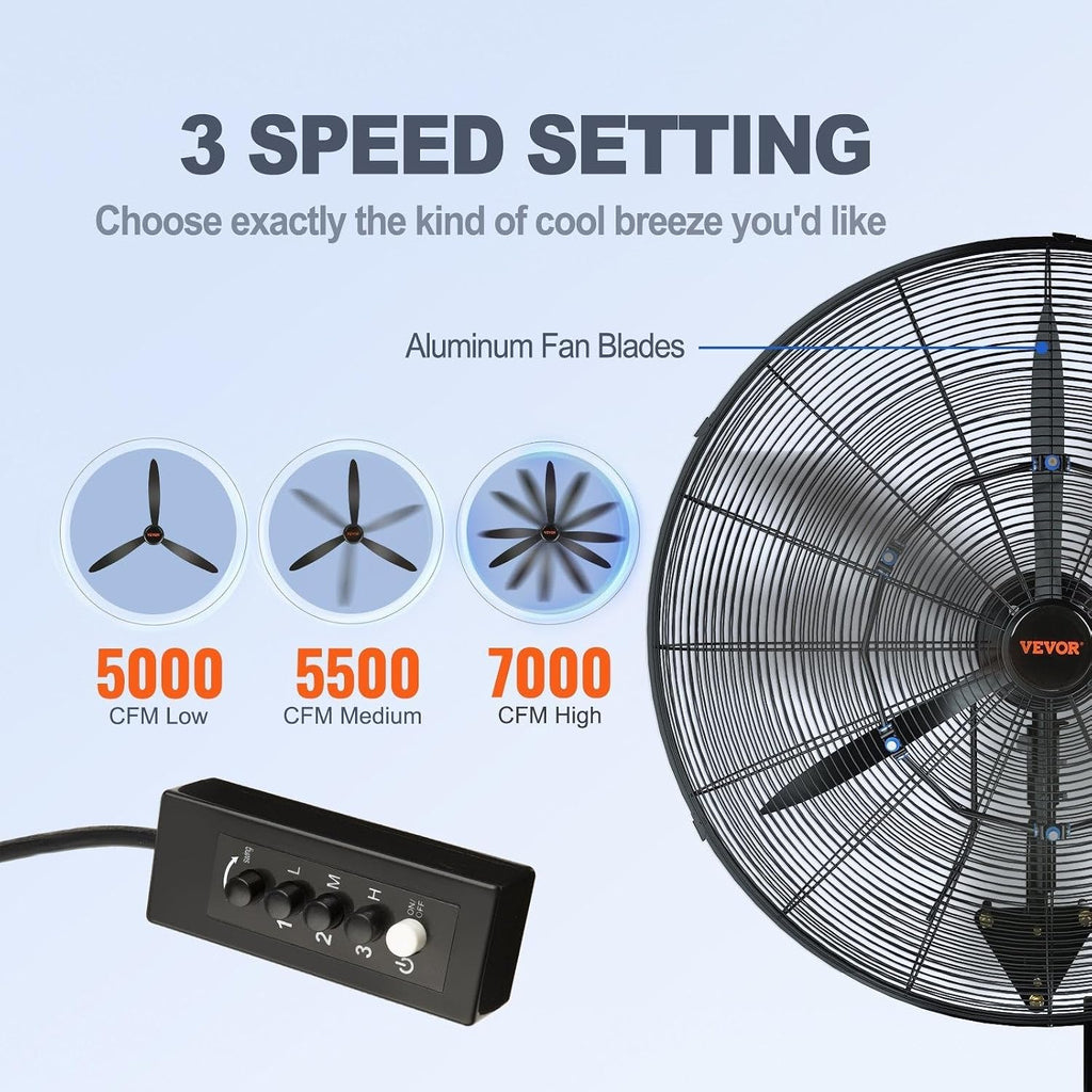VEVOR 24 Inch 3-Speed 7000 CFM Black Waterproof Wall Mount Oscillating Fan