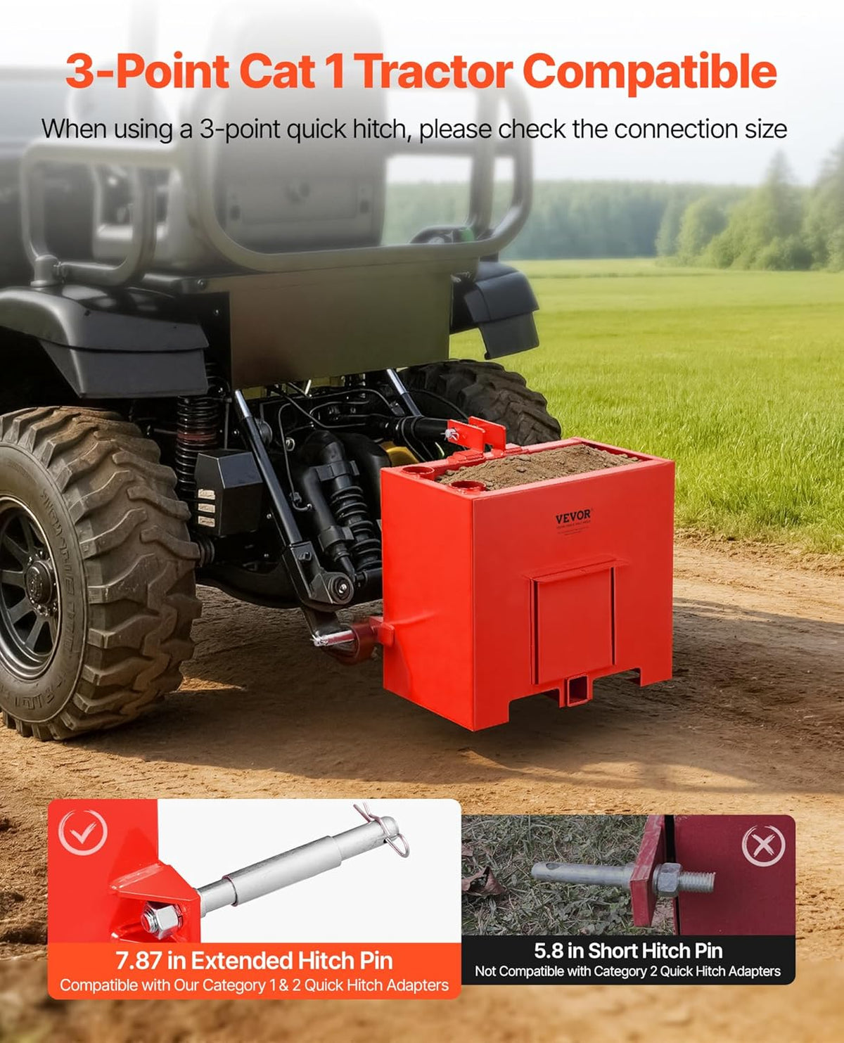 Ballast Box, 3-Point Category 1 Tractor Ballast of 800 lbs Capacity, with Standard 2 Inch Hitch Receiver, Heavy-Duty