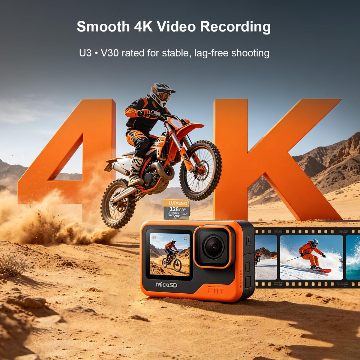 128GB Micro SD Card with Adapter, High Speed U3 C10 V30 SDXC Memory Card Up to 100MB/s, 4K Video Recording for GoPro
