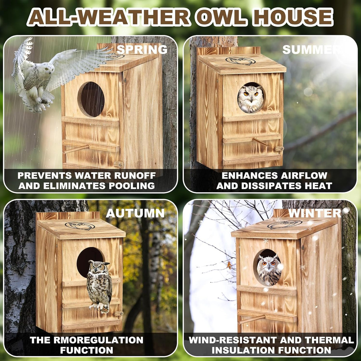 Owl House for Outdoors, Solid Pine Wood Barn Screech Barred Owl Nesting Box