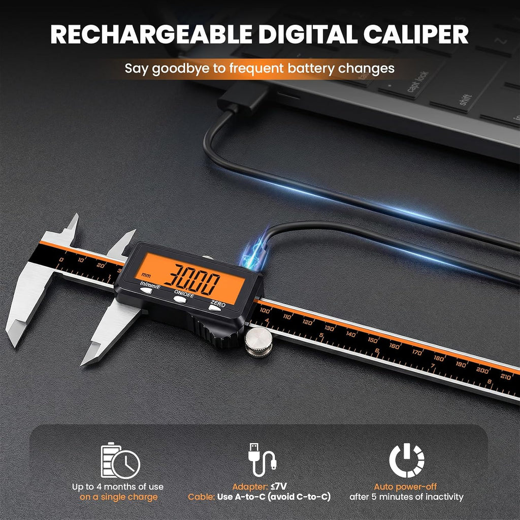 HARDELL Digital Caliper 12" USB-C Charging – Orange Display, Non-Backlit
