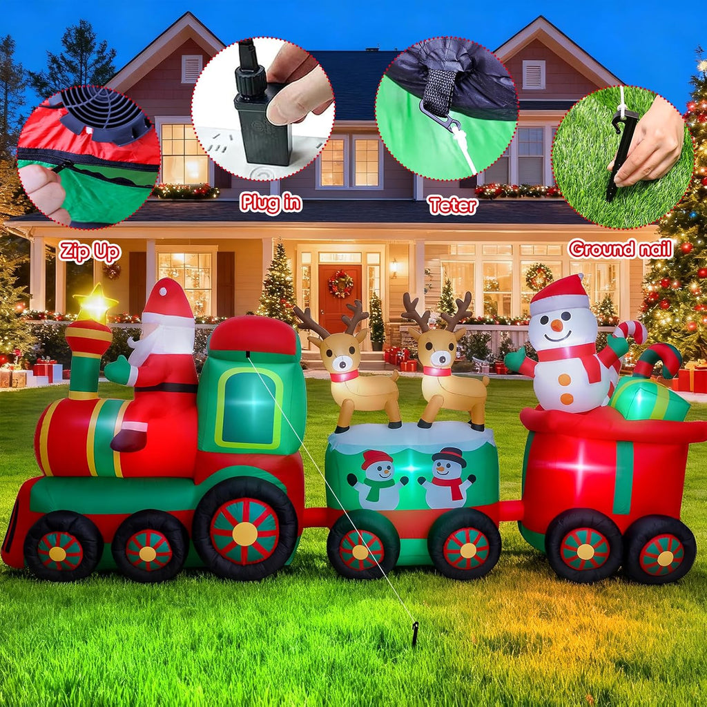11 FT Long Christmas Inflatables Train with Santa Claus Reindeer Snowman Outdoor Decorations Blow Up Yard with