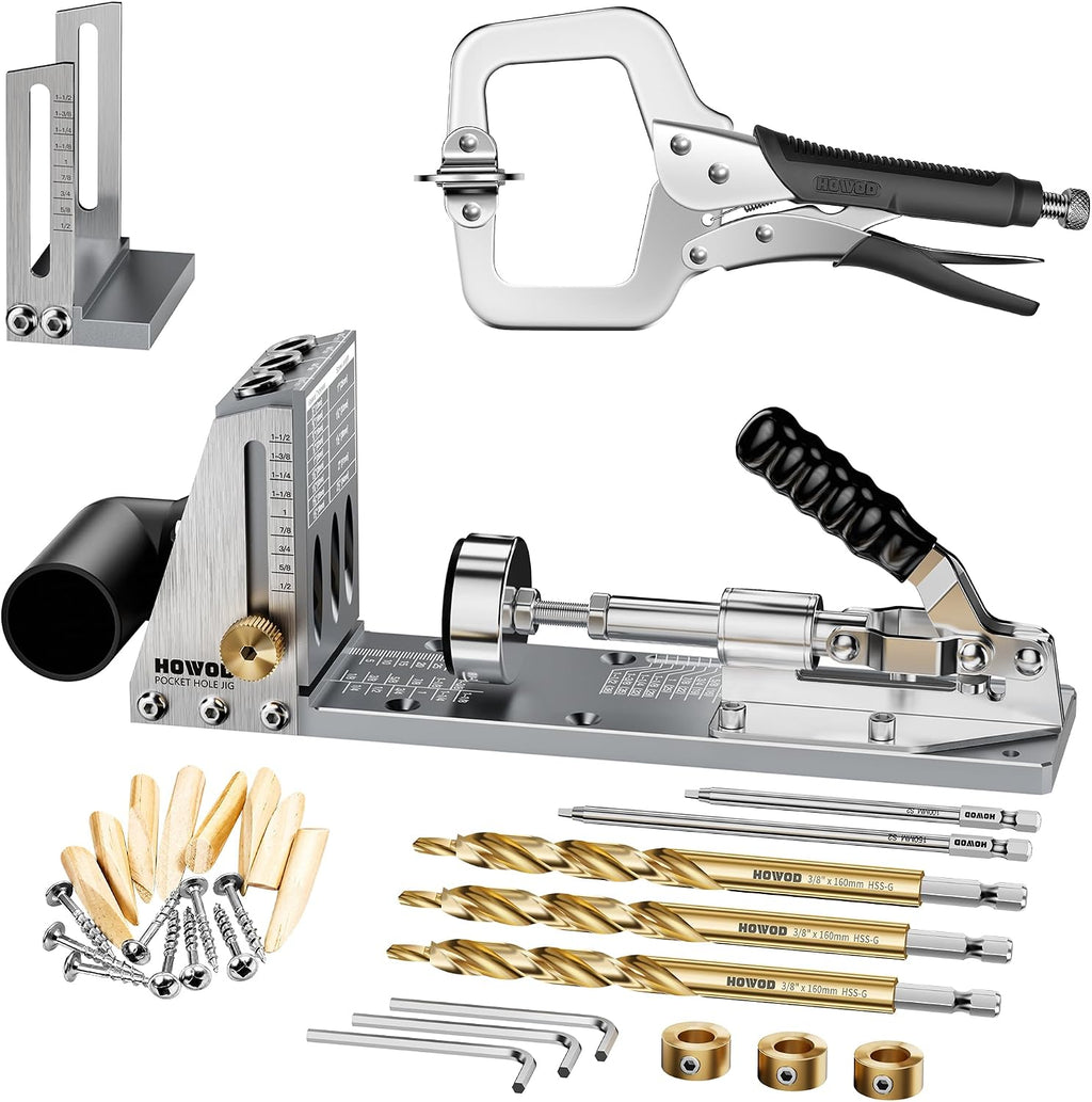 Pocket Hole Jig Kit, Professional Metal Pocket Screw Jig System | Detachable Vacuum Adapter, 3 Titanium-Coated Drill
