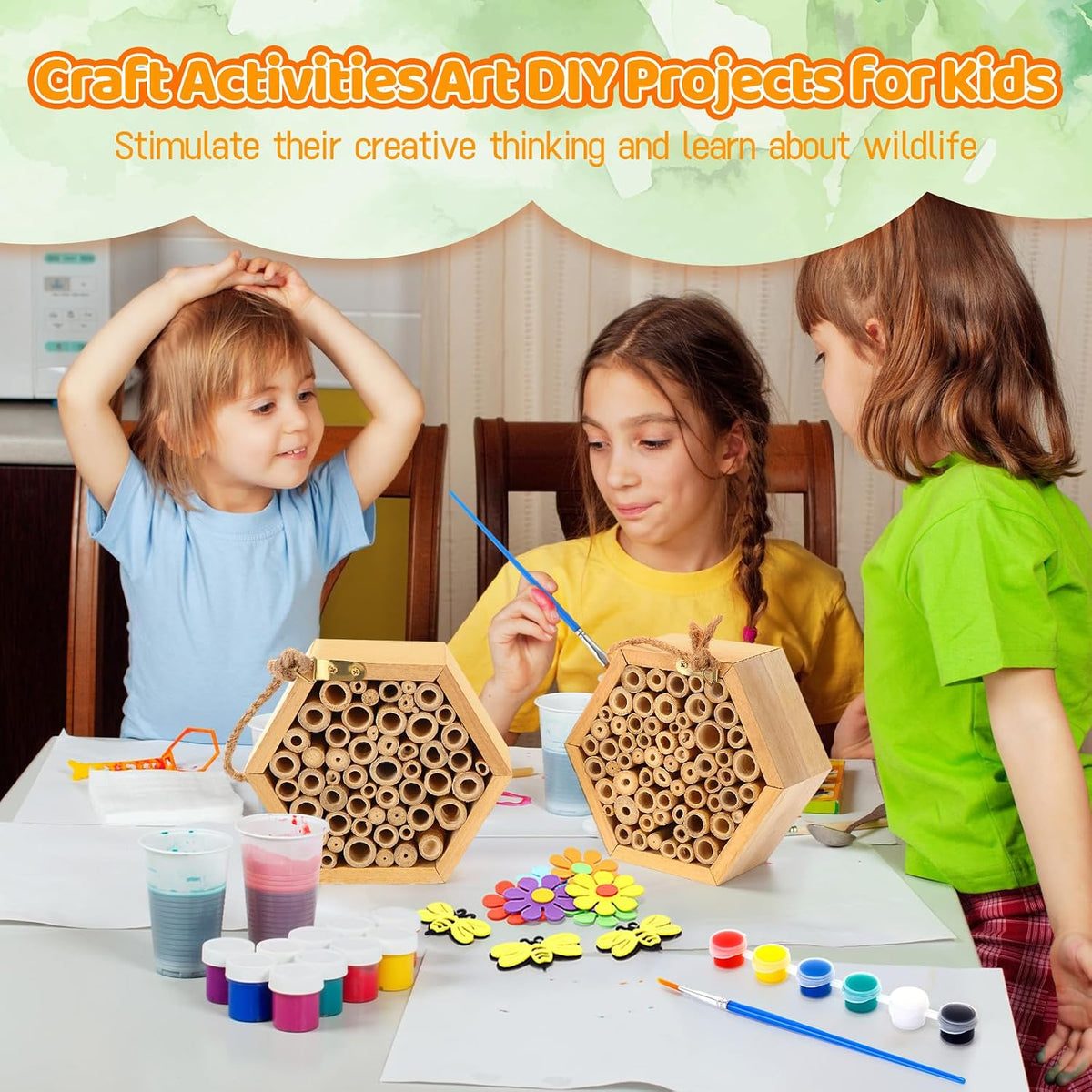 3 Pcs Mason Bee House with DIY Painting Kits, Felt Bee Flower