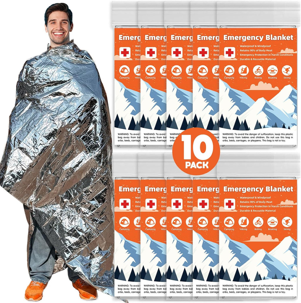 Emergency Mylar Blankets, Survival Space Blanket, 10 Pack | waterproof Mylar emergency blankets reflect up to 90%