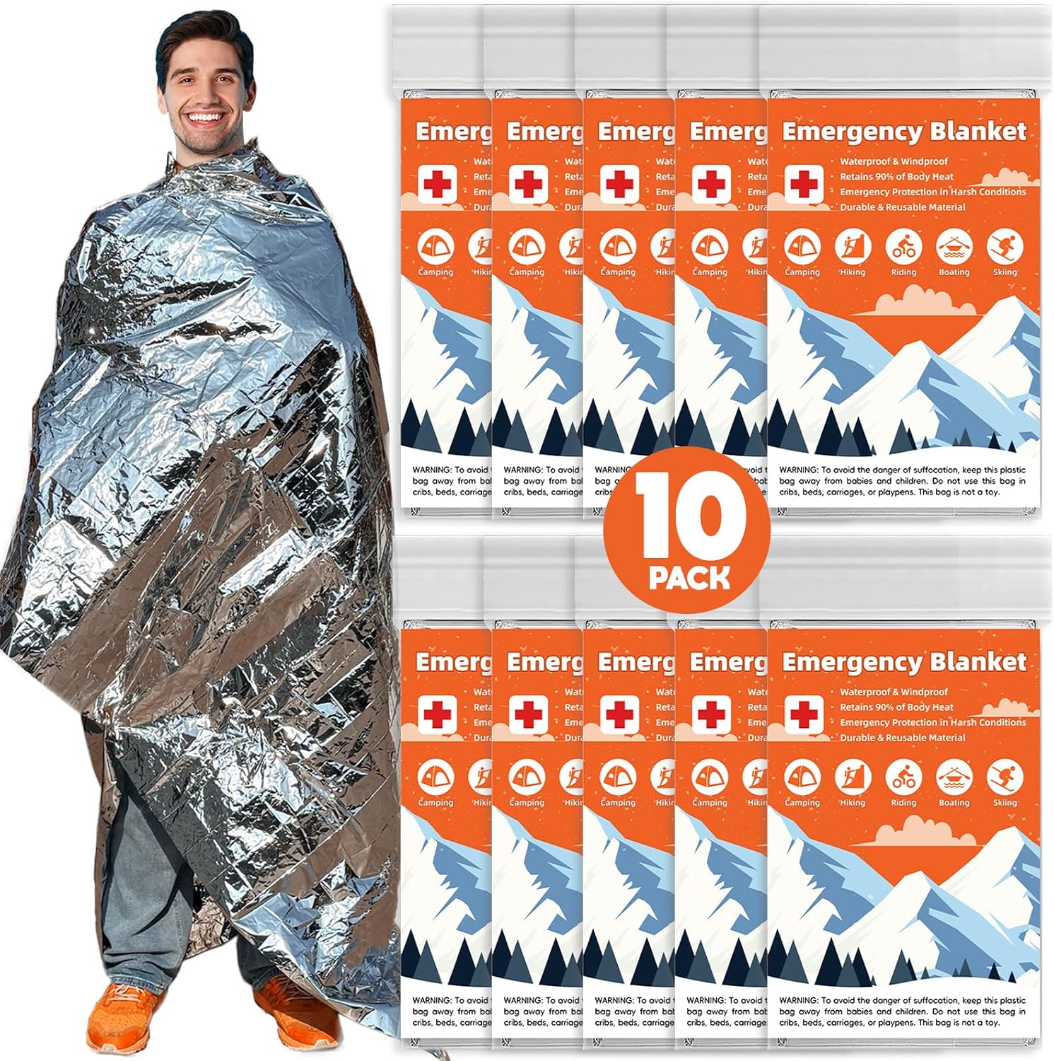 Emergency Mylar Blankets, Survival Space Blanket, 10 Pack | waterproof Mylar emergency blankets reflect up to 90%