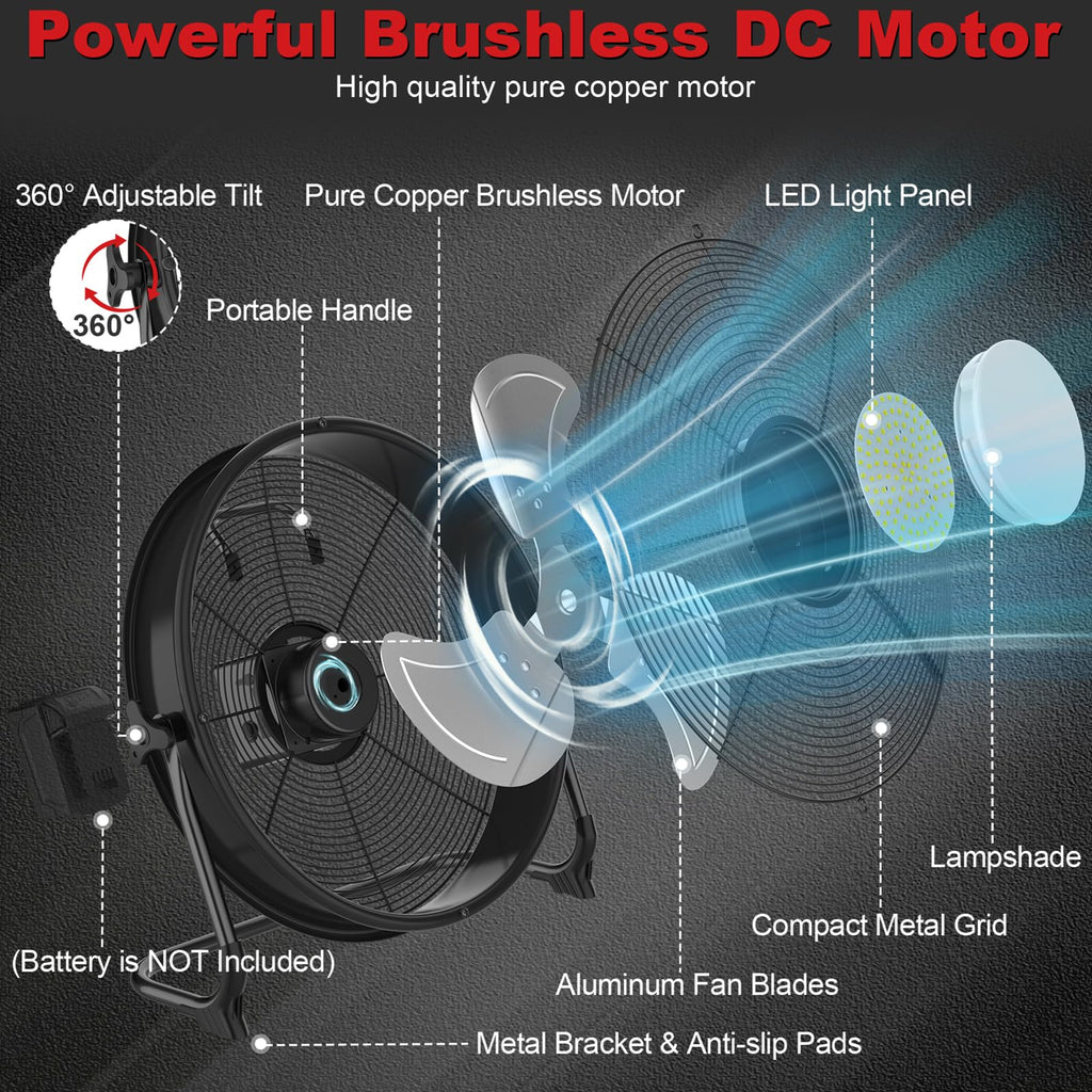 16" Battery Powered Floor Fan with LED Light Compatible with Milwaukee