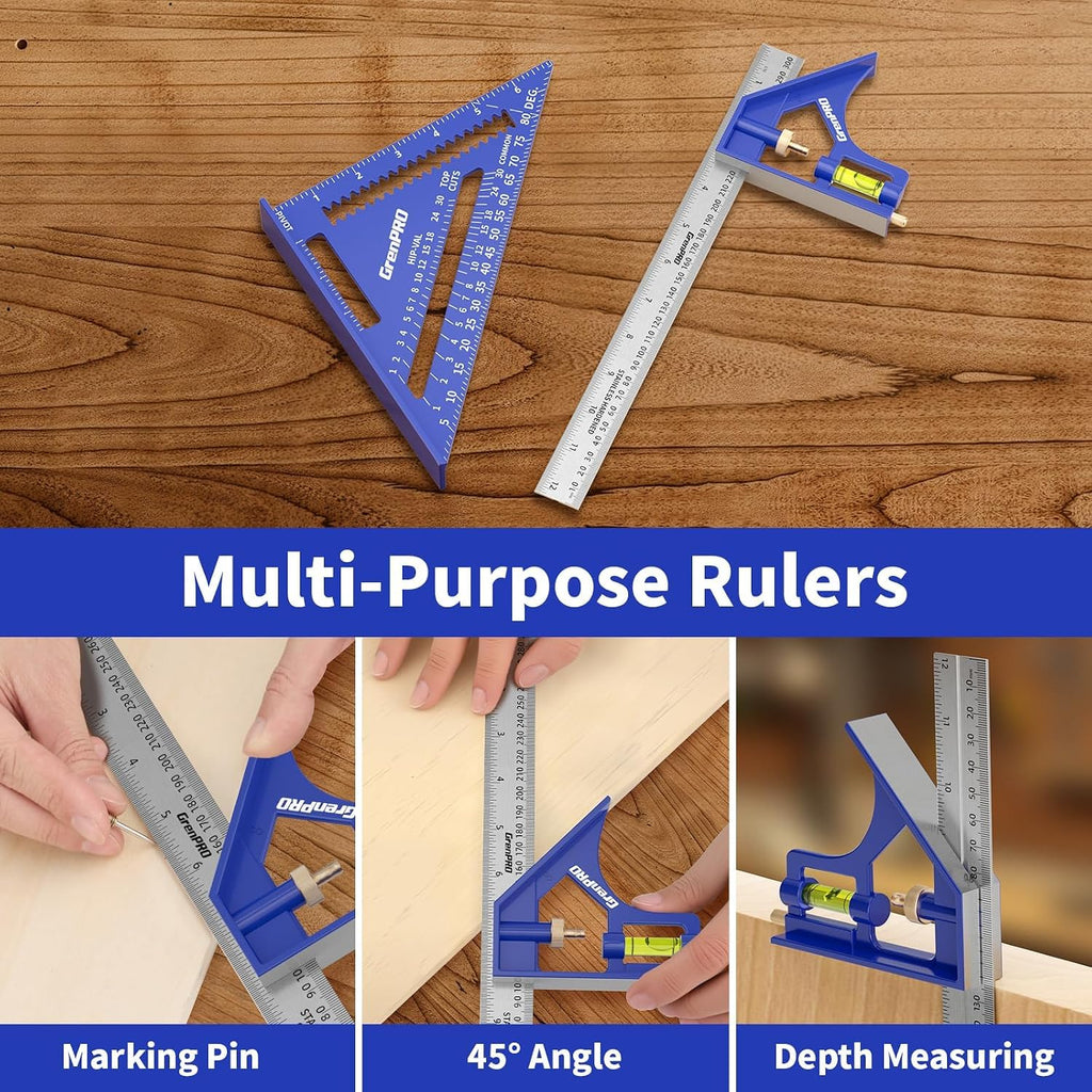 Combination Square Set, 7 & 12 Inch Aluminum Zinc Carpenter Tool | Stainless Ruler & Scriber Included, 2-in-1 Pencil