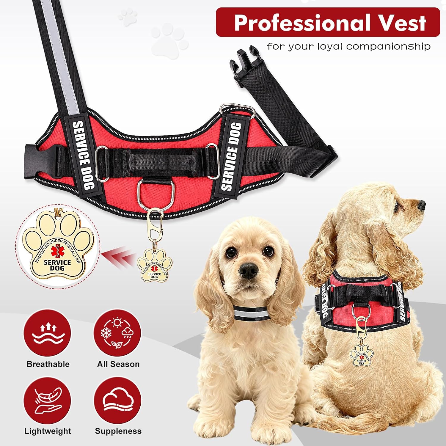 Service Dog Vest, ID Tag + 50 ADA Information Cards, Service Dog Harness in Sizes X Small to XX Large, Metal Dog Tag