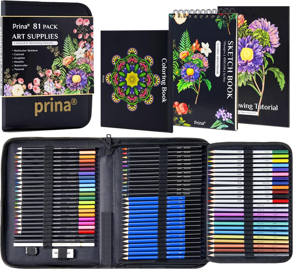 81 Drawing Set Sketching Kit, Pro Sketch Pencils Art Supplies with Rainbow, Colored, Graphite, Watercolor, Metallic