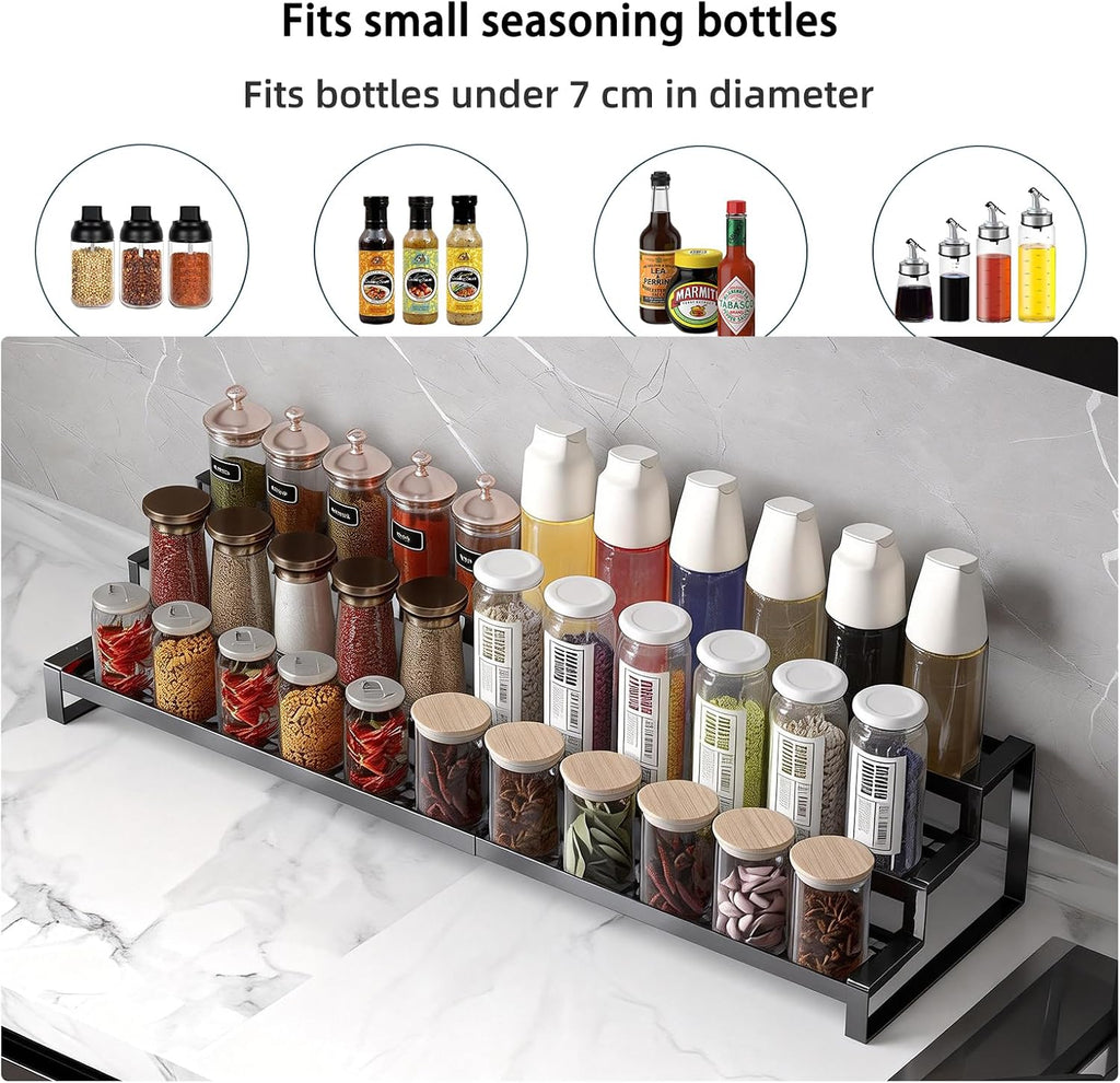 3 Tier Expandable Spice Rack Organizer, Heavy-Duty Black Metal Seasoning Organization Shelf for Cabinet, Kitchen &