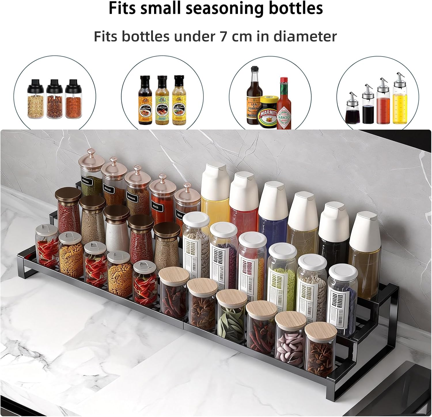 3 Tier Expandable Spice Rack Organizer, Heavy-Duty Black Metal Seasoning Organization Shelf for Cabinet, Kitchen &