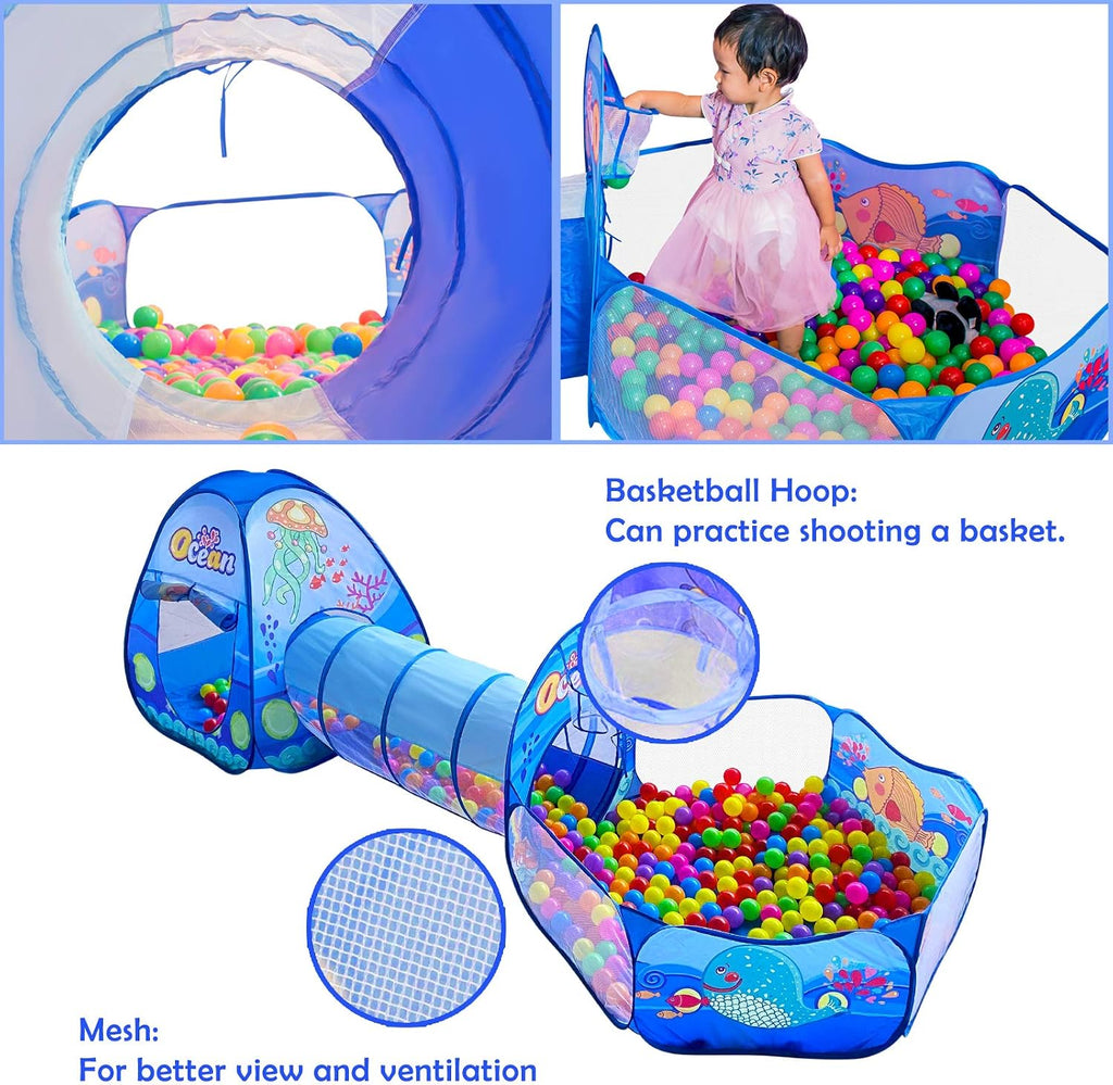 3 in 1 Kids Play Tent with Tunnel, Ball Pit, Basketball Hoop for Boys & Girls, Toddler Pop Up Playhouse Toy Baby