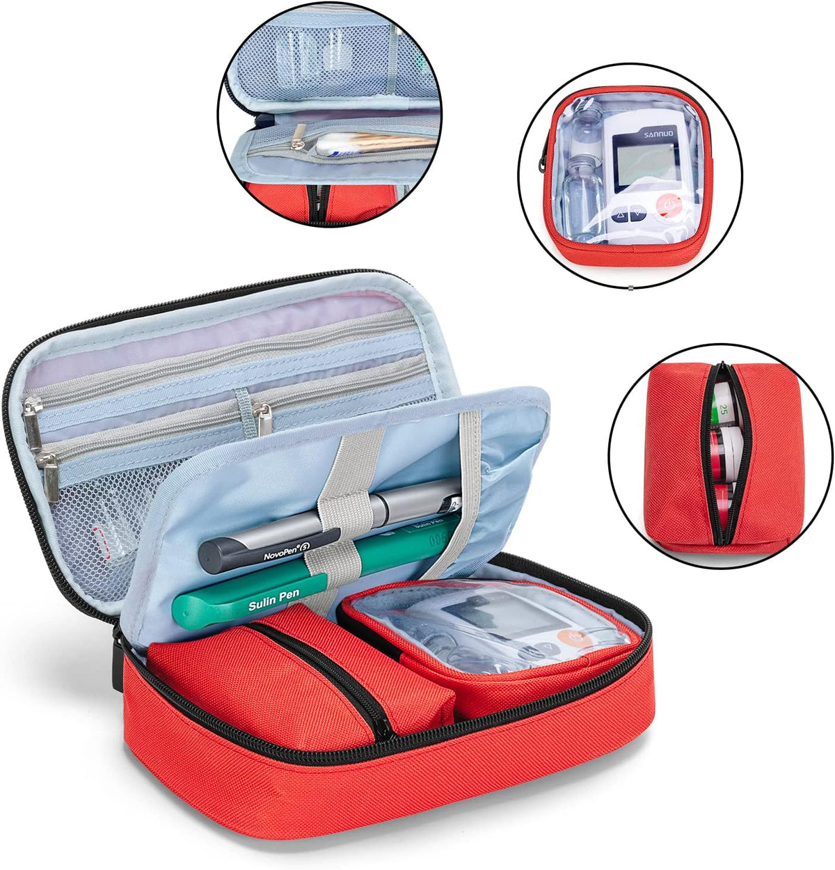 Diabetic Supplies Travel Case with 2 Detachable Pouches, Red