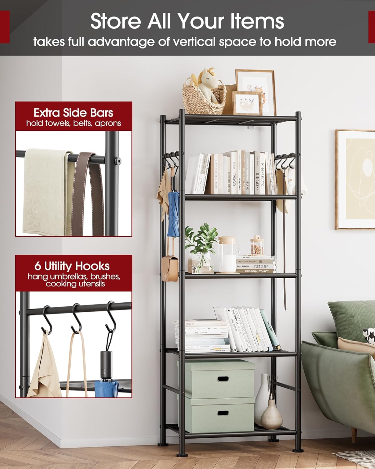 Storage Shelves - 5-Tier Large Capacity Shelf Organizer with Hooks, Heavy-Duty Garage Shelving with Leveling Feet