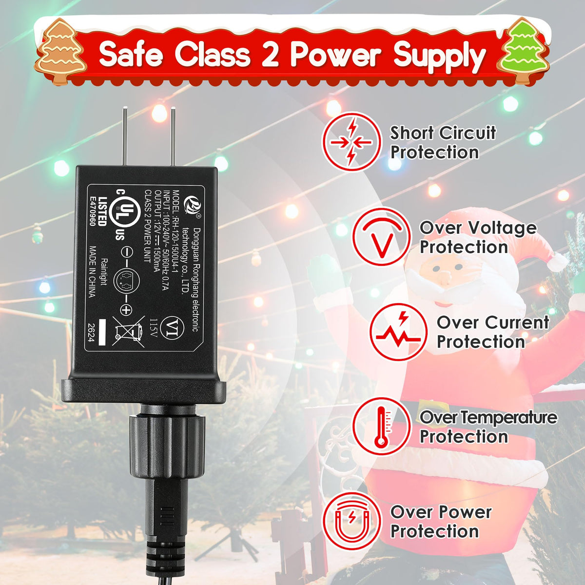 1 Pack 12V 1.5a Class 2 Power Supply Adapter with 9.8FT Cord, Rainproof