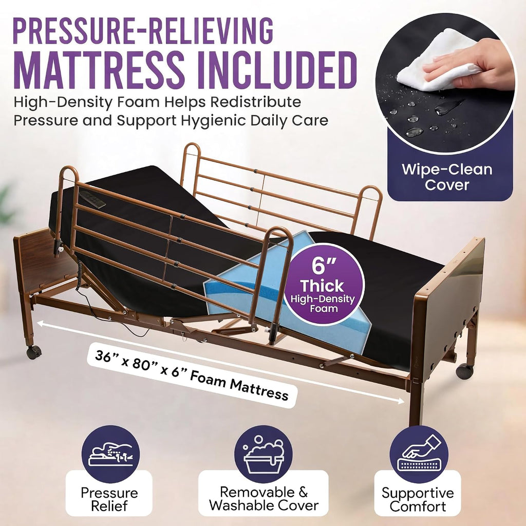 Electric Hospital Bed for Home Use - Includes Foam Mattress, Half Rails - Adjustabe Medical Bed Set