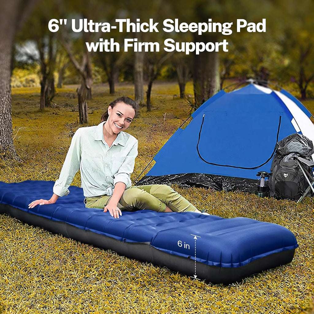 Sleeping Pad for Camping, 6" Extra-Thick Reinforced Camping Pad | Sleeping Mat With Pillows & Built-in Foot Pump