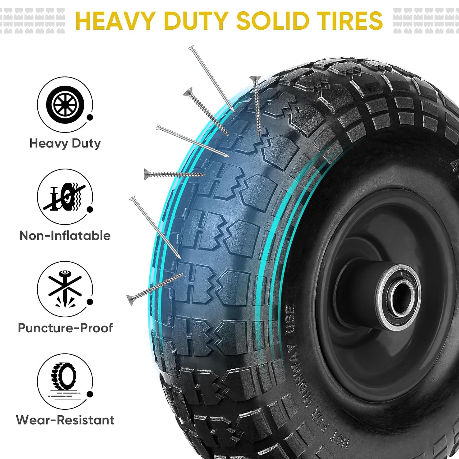 4.00-6 Tire and Wheel Flat Free, 2 Pack 13" Solid Tires with 5/8" Axle Bore Hole and Double Sealed Bearings, Perfect