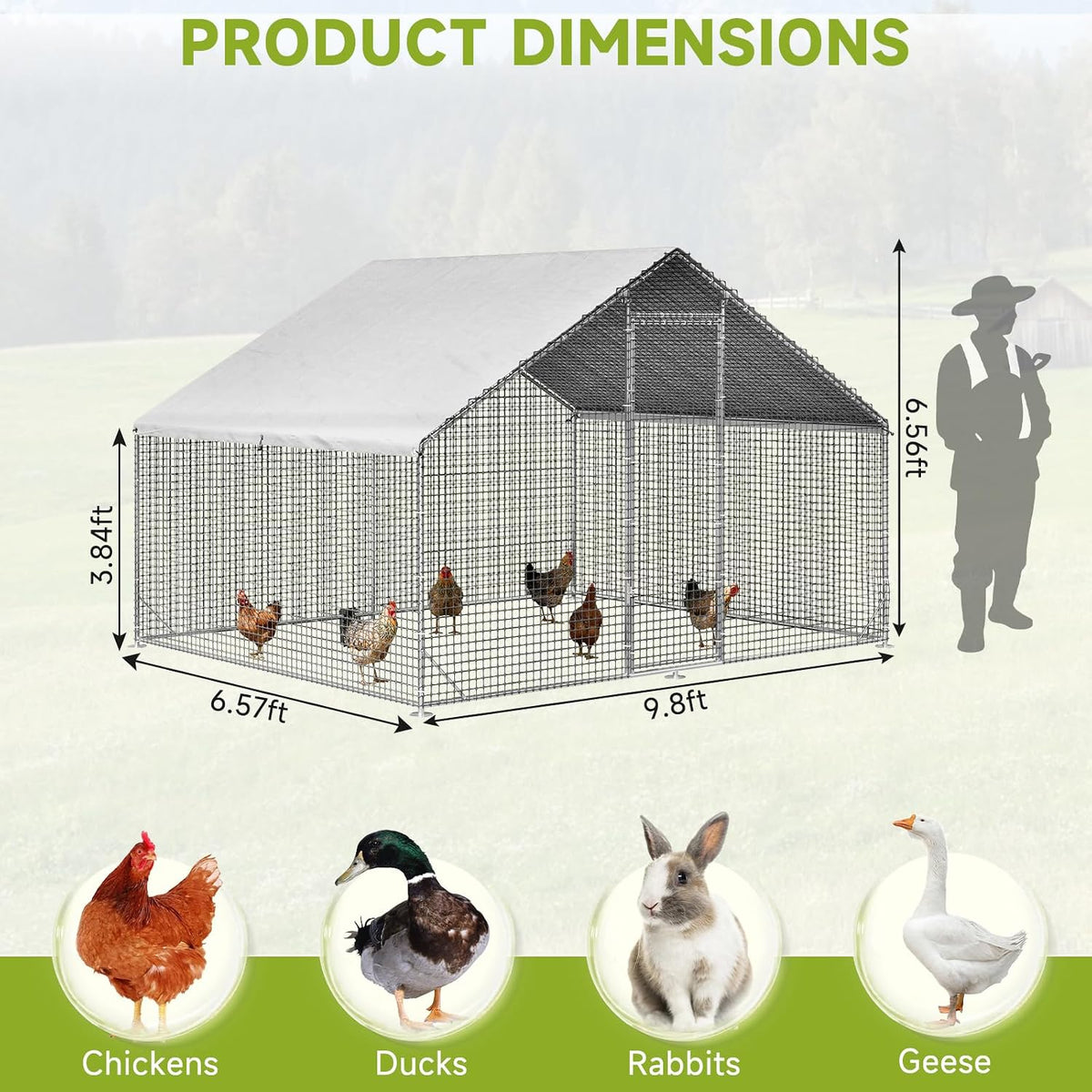 Large Walk-in Chicken Coop with Chicken Run, Galvanized Poultry Enclosure with Waterproof Anti-UV Cover and Security