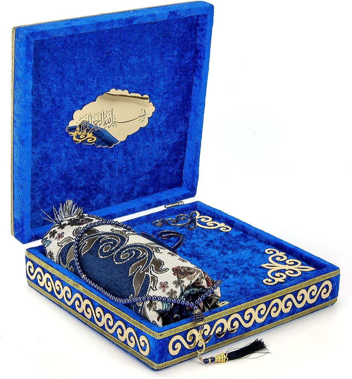 Luxury Islamic Prayer Velvet Covered Gift Box, Deluxe 4 Piece Set with Elegant Velvet Covered Quran & Prayer Beads