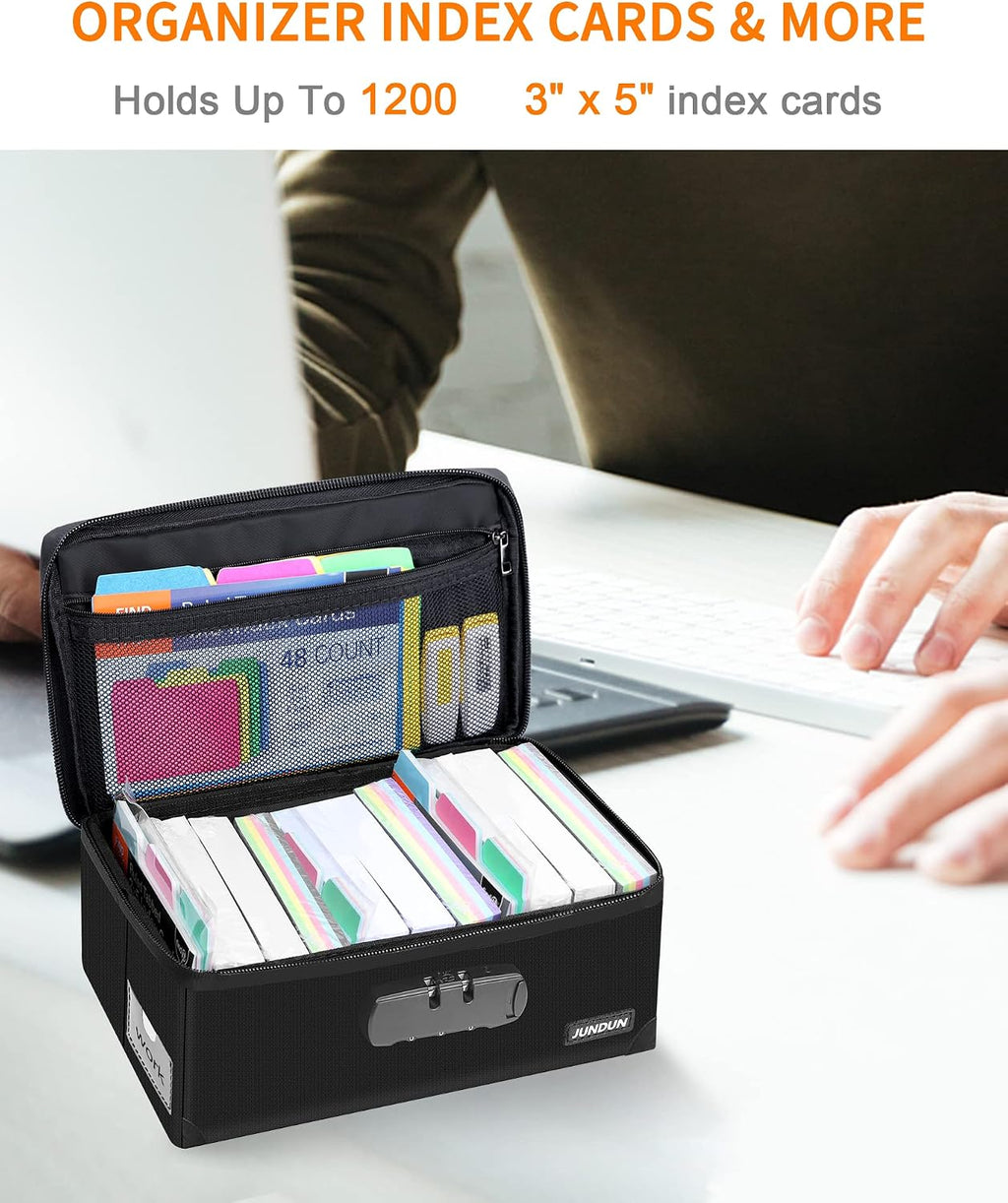 Index Card Holder with 48 Pieces 3x5 Inch Index Card Dividers | Collapsible Fireproof Index Card Box with Lock fits