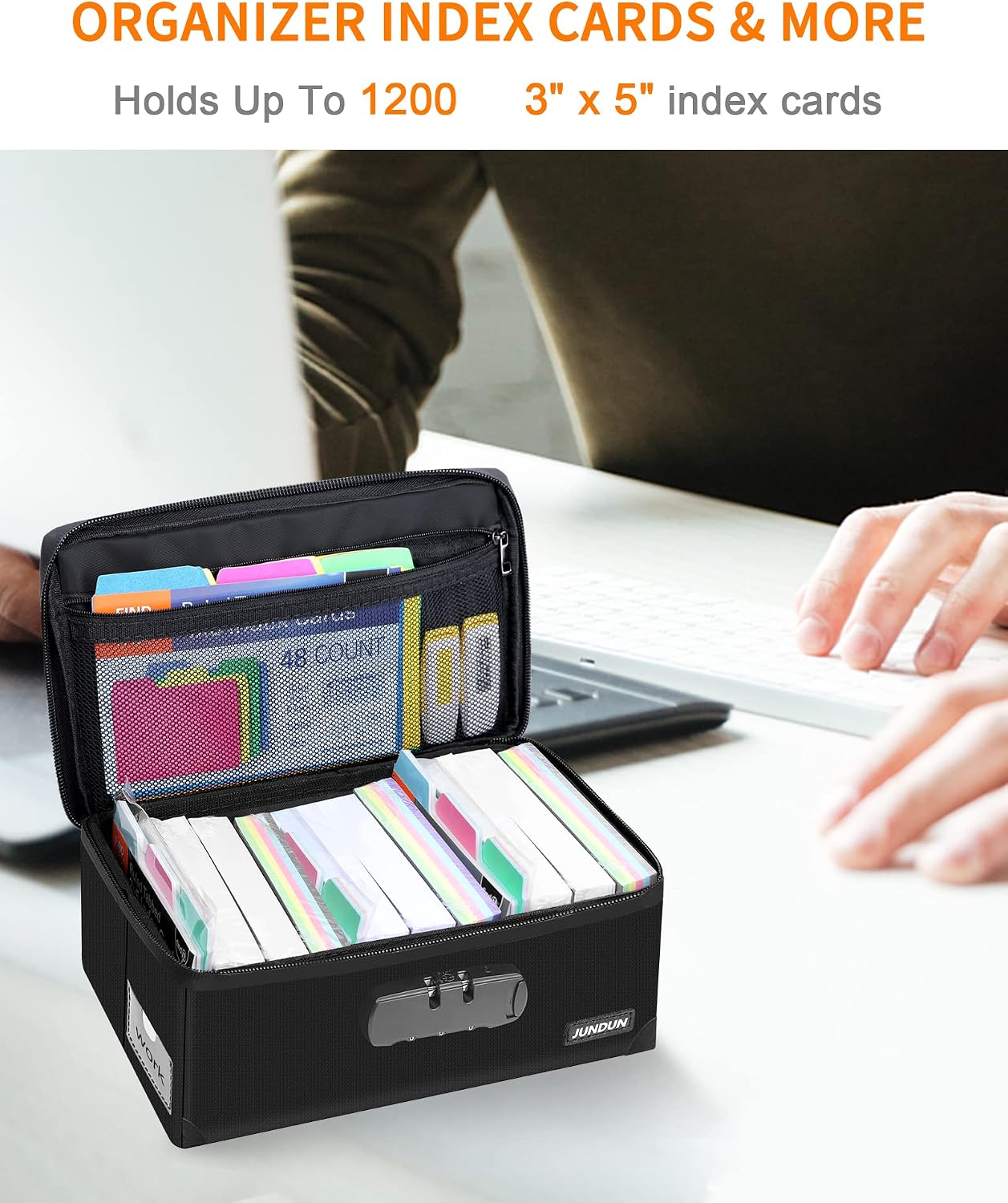 Index Card Holder with 48 Pieces 3x5 Inch Index Card Dividers | Collapsible Fireproof Index Card Box with Lock fits