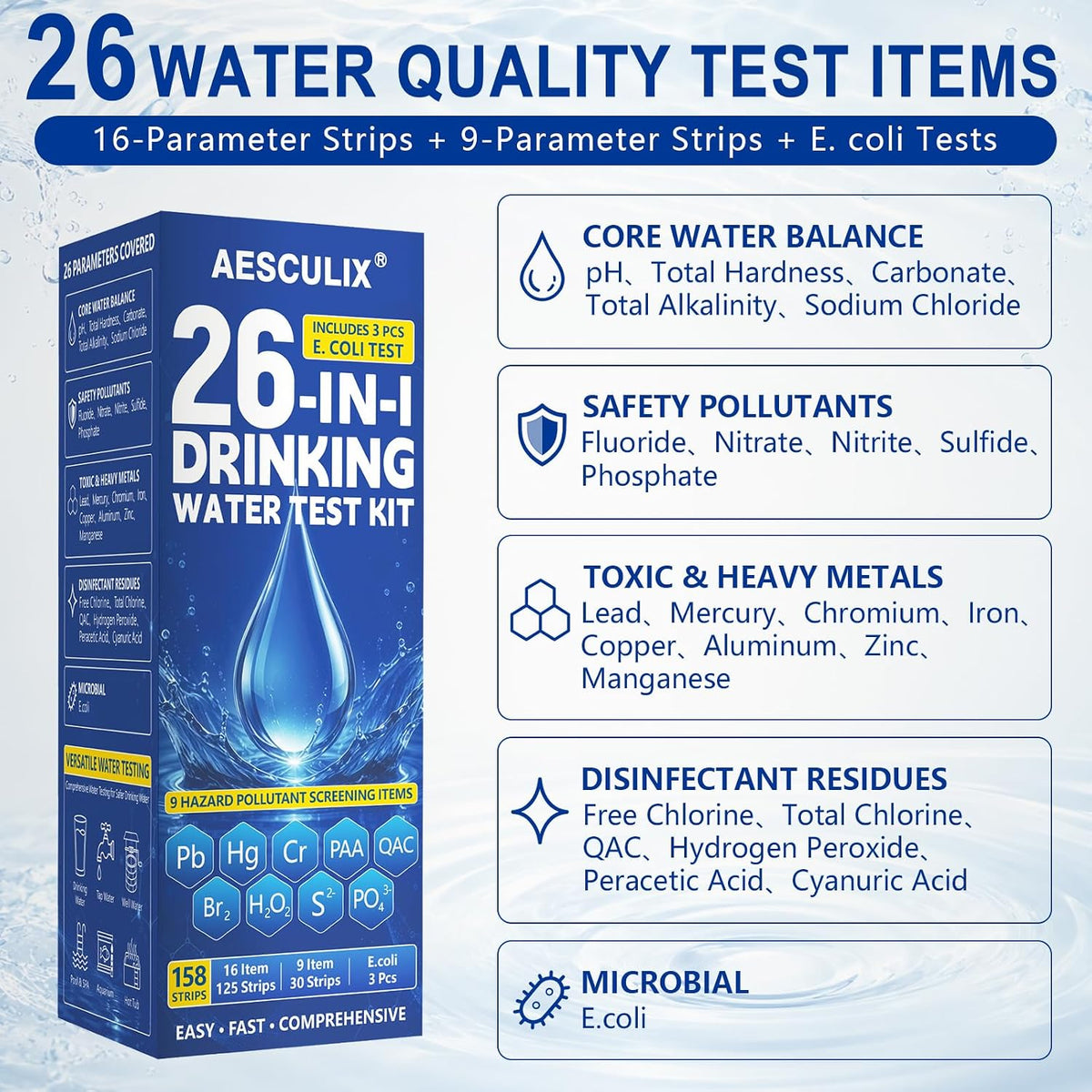 26 in 1 Water Test Kit for Drinking Water 158 Strips, Upgraded Home Water Testing Strips for Well & Tap Water