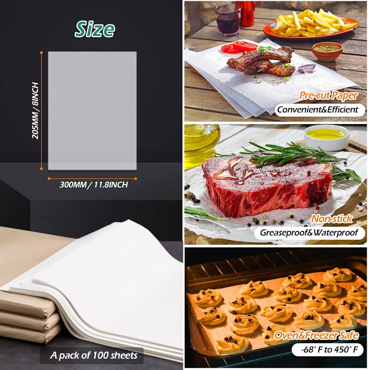 Baking Parchment Paper, 100Pcs 8x12 inch Kitchen Parchment Paper Baking Sheets, Non-Stick Precut Baking Parchment for