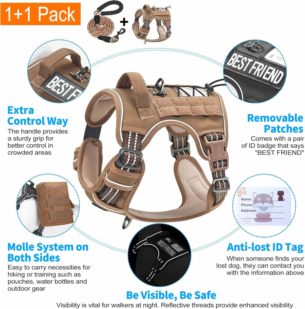 Heavy Duty Tactical Dog Harness for Small Dogs, No Pull Adjustable Pet Harness Reflective Service Training Easy