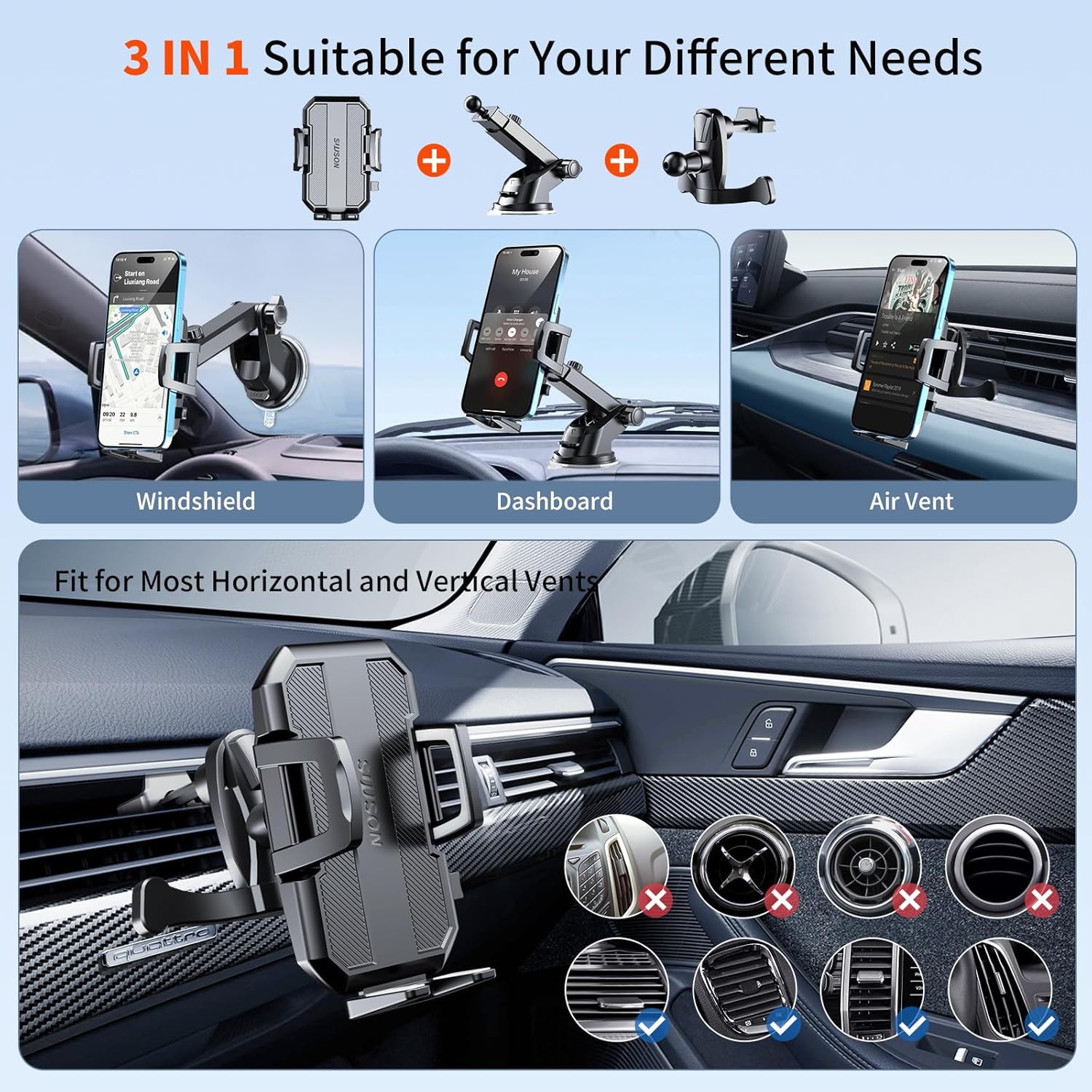 Upgraded 3-in-1 Car Phone Holder Mount [Powerful Suction] Phone Mount for Car Dashboard Air Vent Windshield,for All