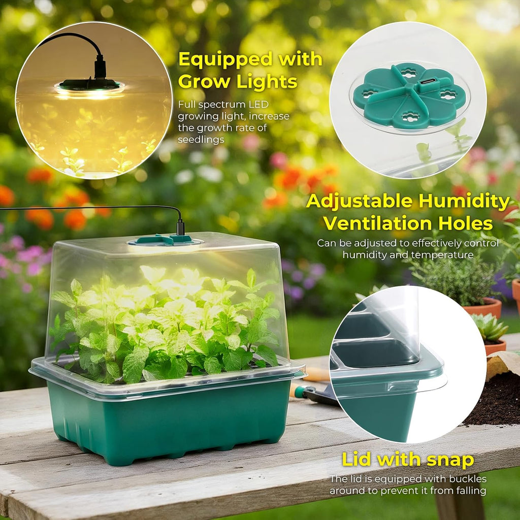 Seed Starter Tray with Grow Light, 6pcs Seed Starter Kits with Light and Adjustable Humidity Domes, Covers Height
