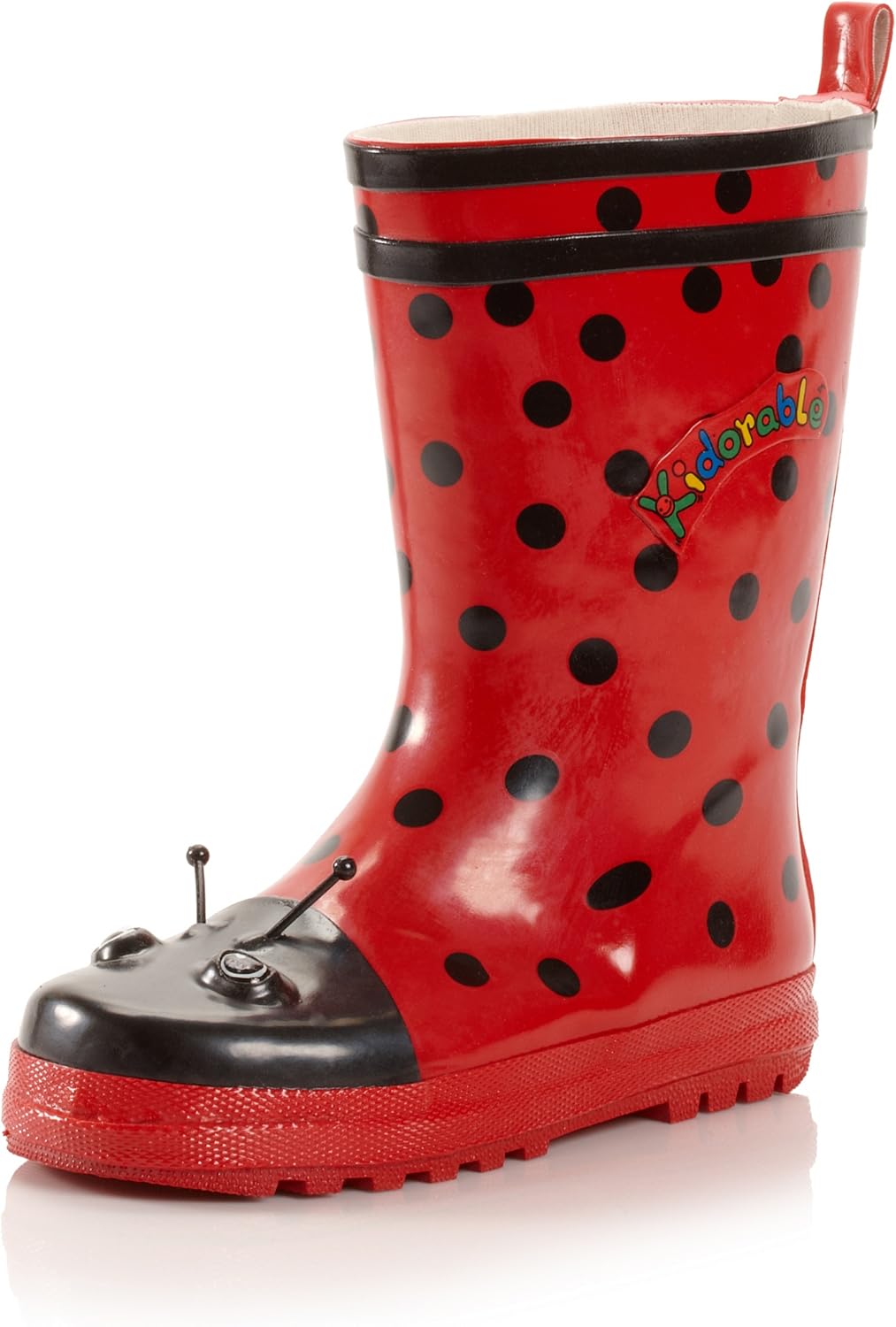 Red Ladybug Natural Rubber Rain Boots With A Pull On Heel Tab