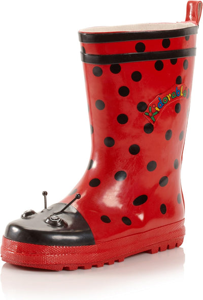 Red Ladybug Natural Rubber Rain Boots With A Pull On Heel Tab