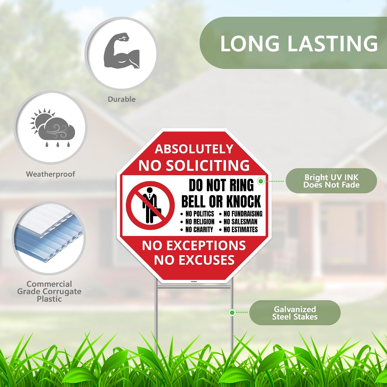 2PC No Soliciting Sign with Stake, 12 Inches by 12 Inches - Corrugated Plastic - No Soliciting No Religious No