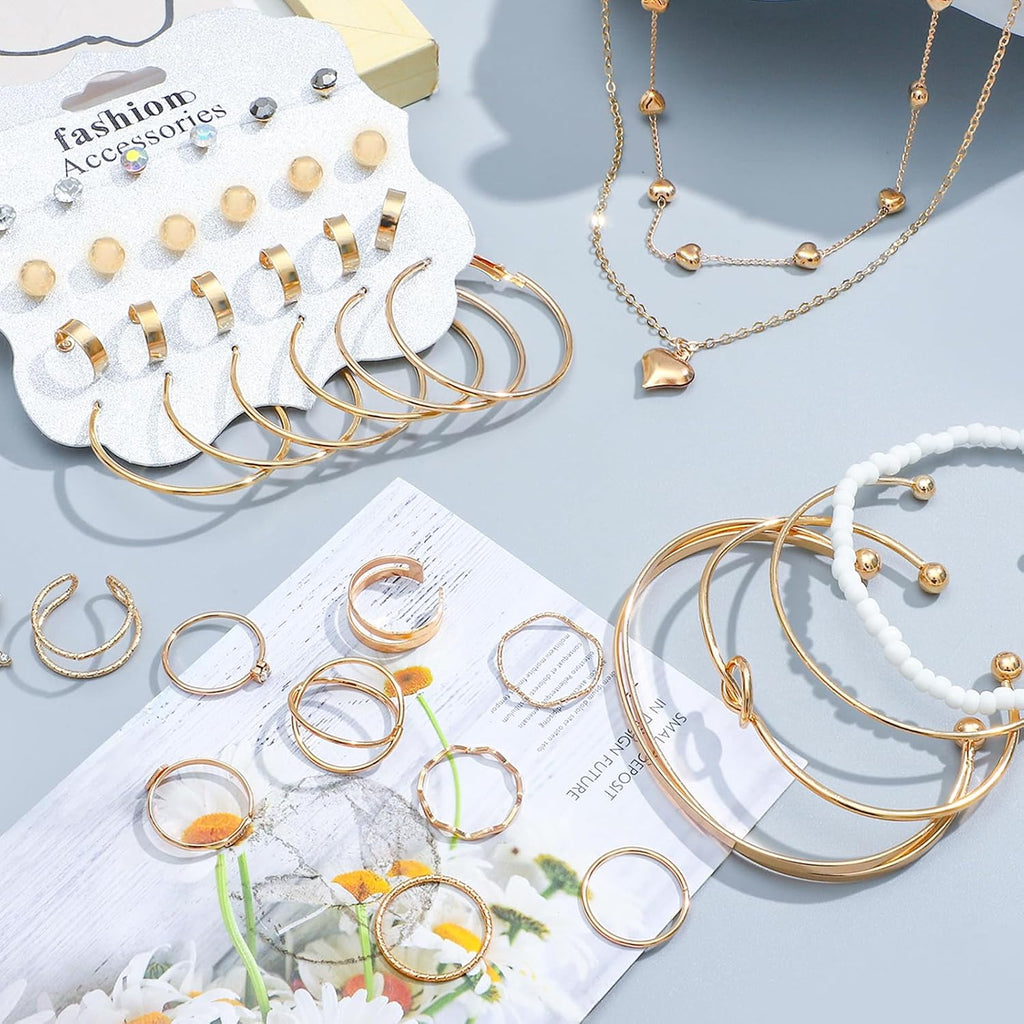 49 Pieces Gold Jewelry Set for Women Fashion Costume Jewelry Gold Plated Necklace Bracelet Ring Earrings Set for Women