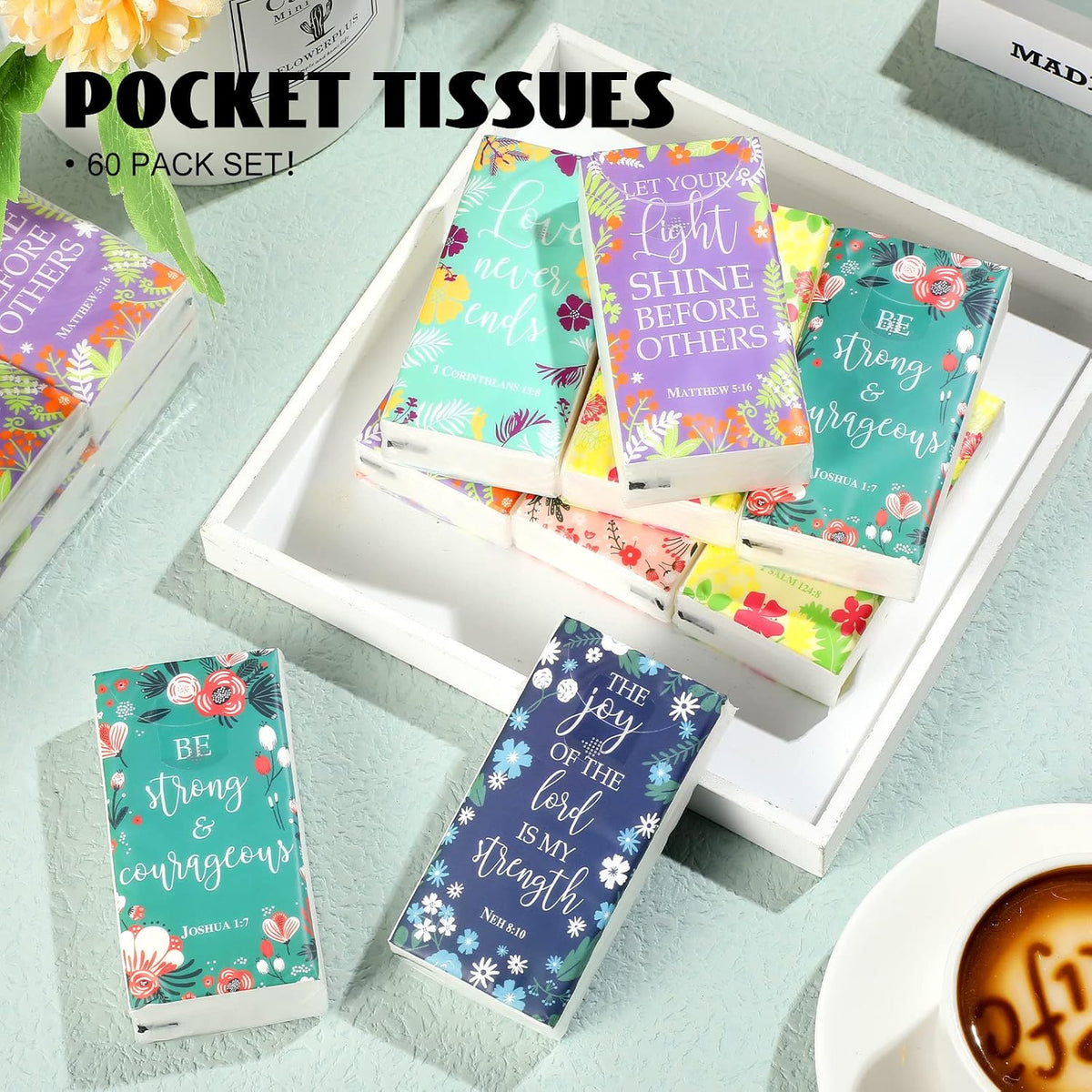 60 Pack Christian Pocket Tissues Bible Verse Tissues, Flower Style