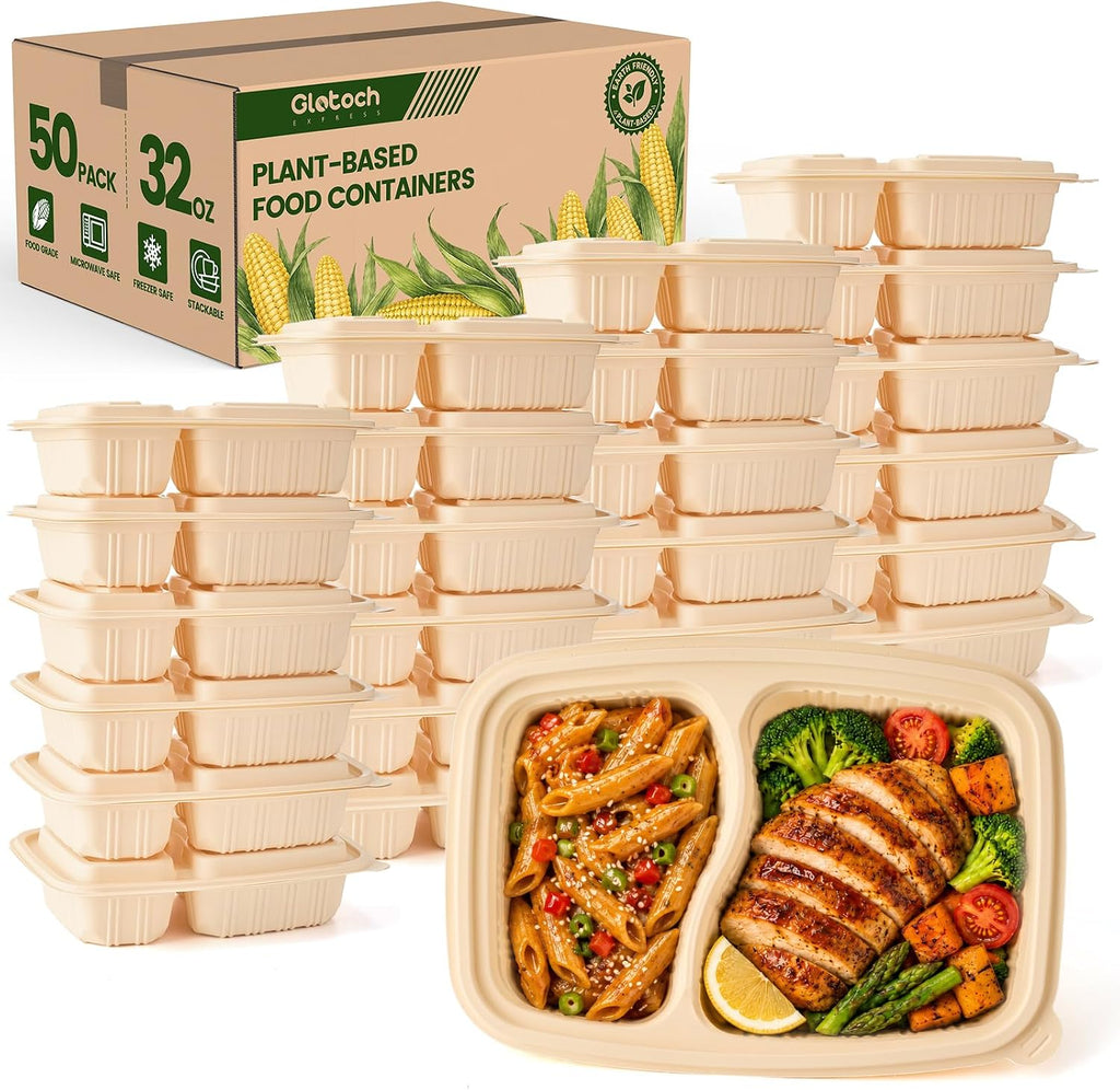 Glotoch 50 Pack (100-Piece) 32oz-2 Comp Meal Prep Containers with Lids