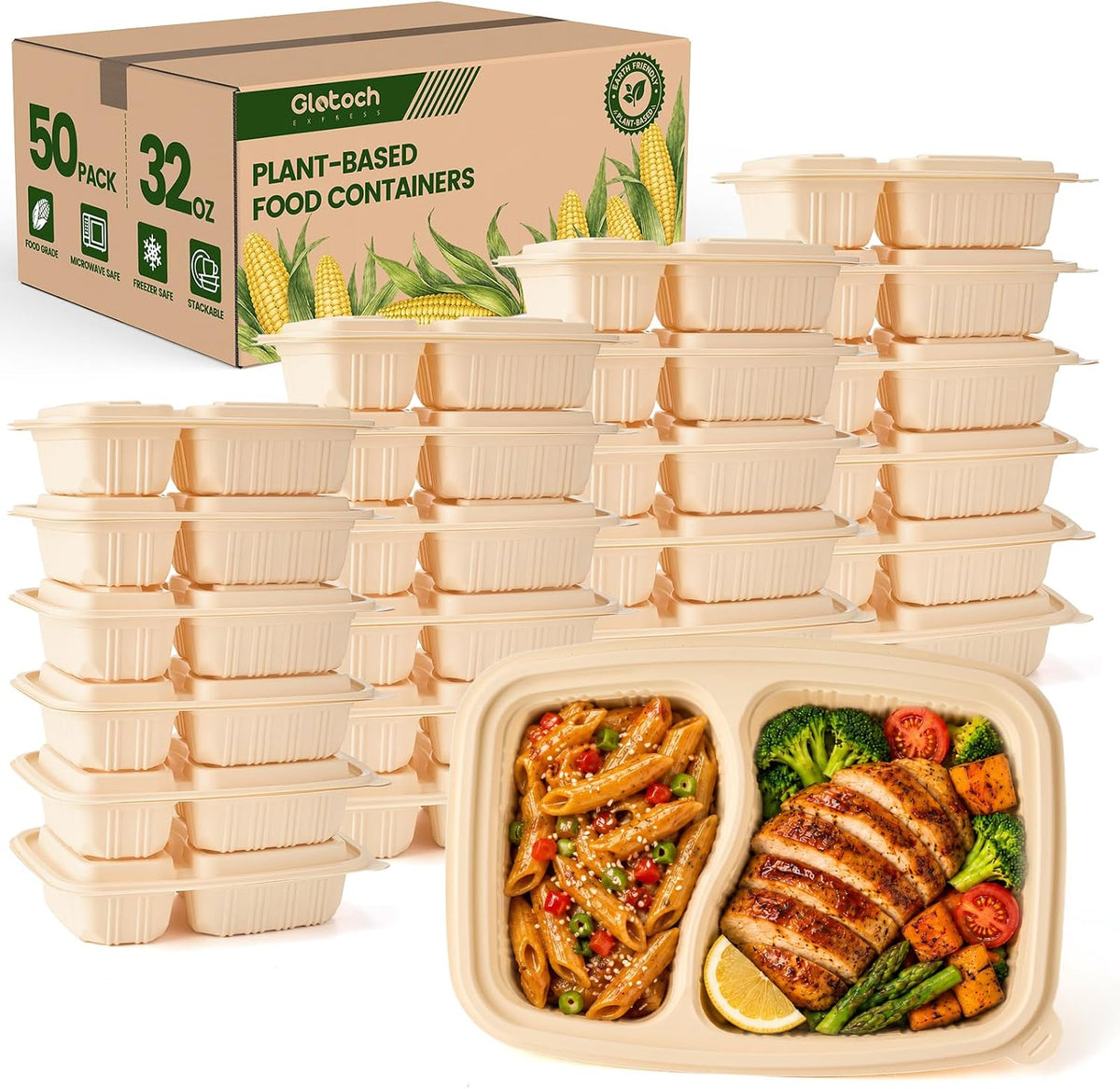 Glotoch 50 Pack (100-Piece) 32oz-2 Comp Meal Prep Containers with Lids