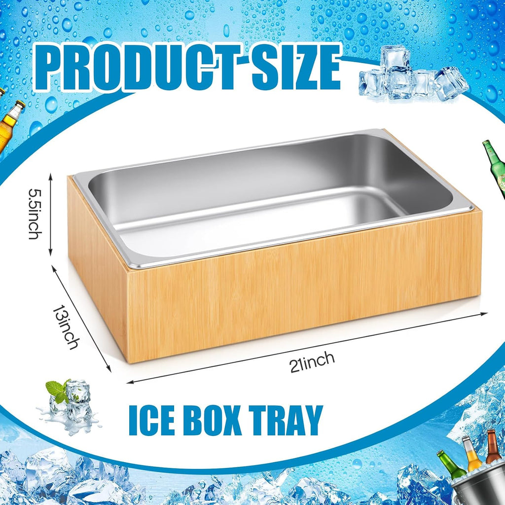 Large Bamboo Ice Bin with Removable Steel Tray for Party Buffet Drinks