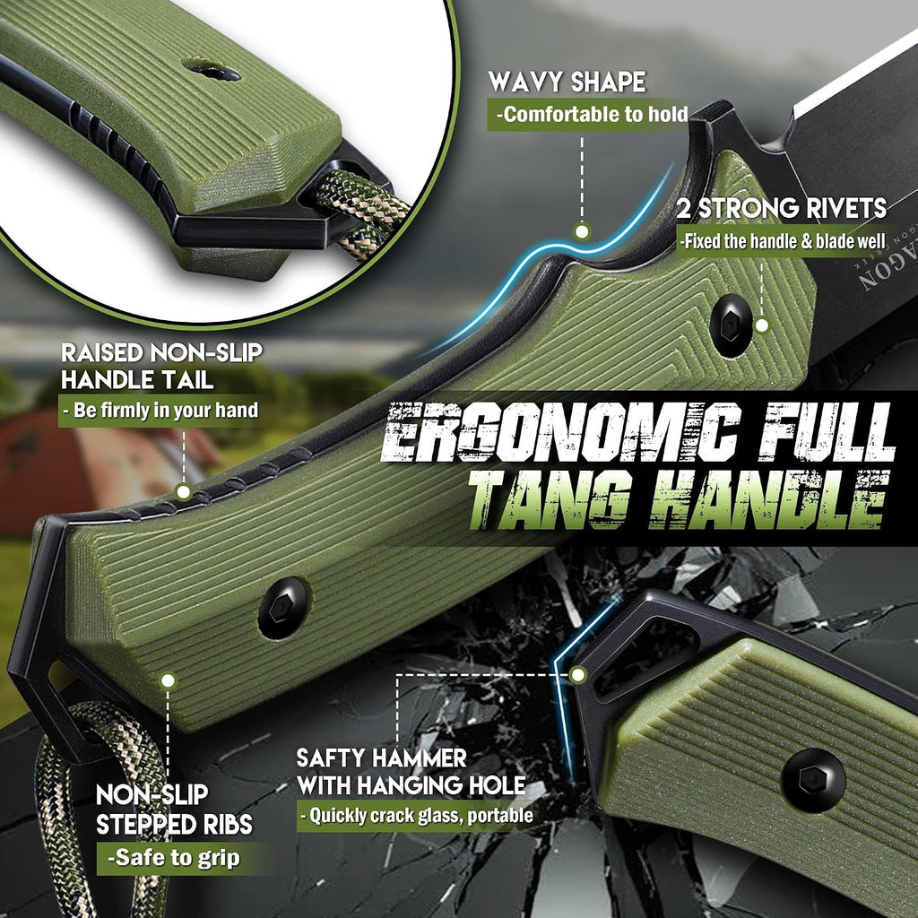 Fixed Blade Knife - Full Tang Handle Green | Portable Sheath with Belt buckle