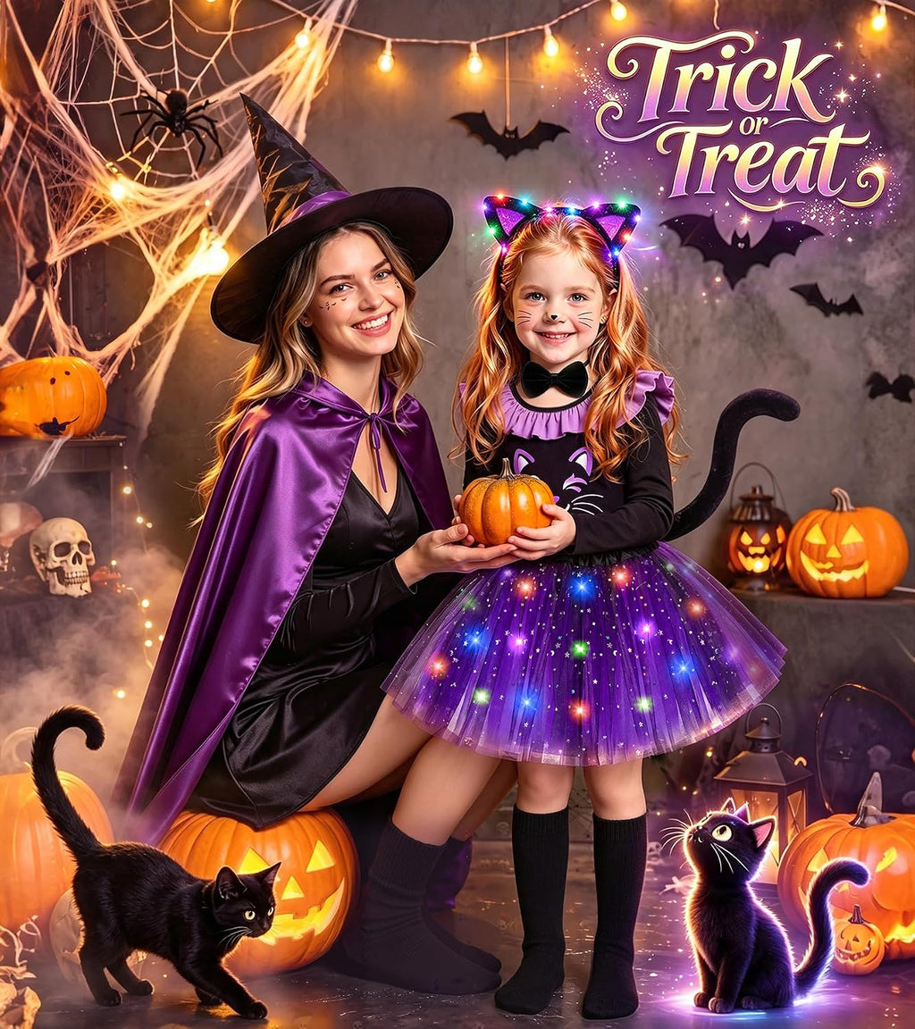 Black Cat Costume for Girls, Girls Halloween Costume Light Up Tutu Skirt