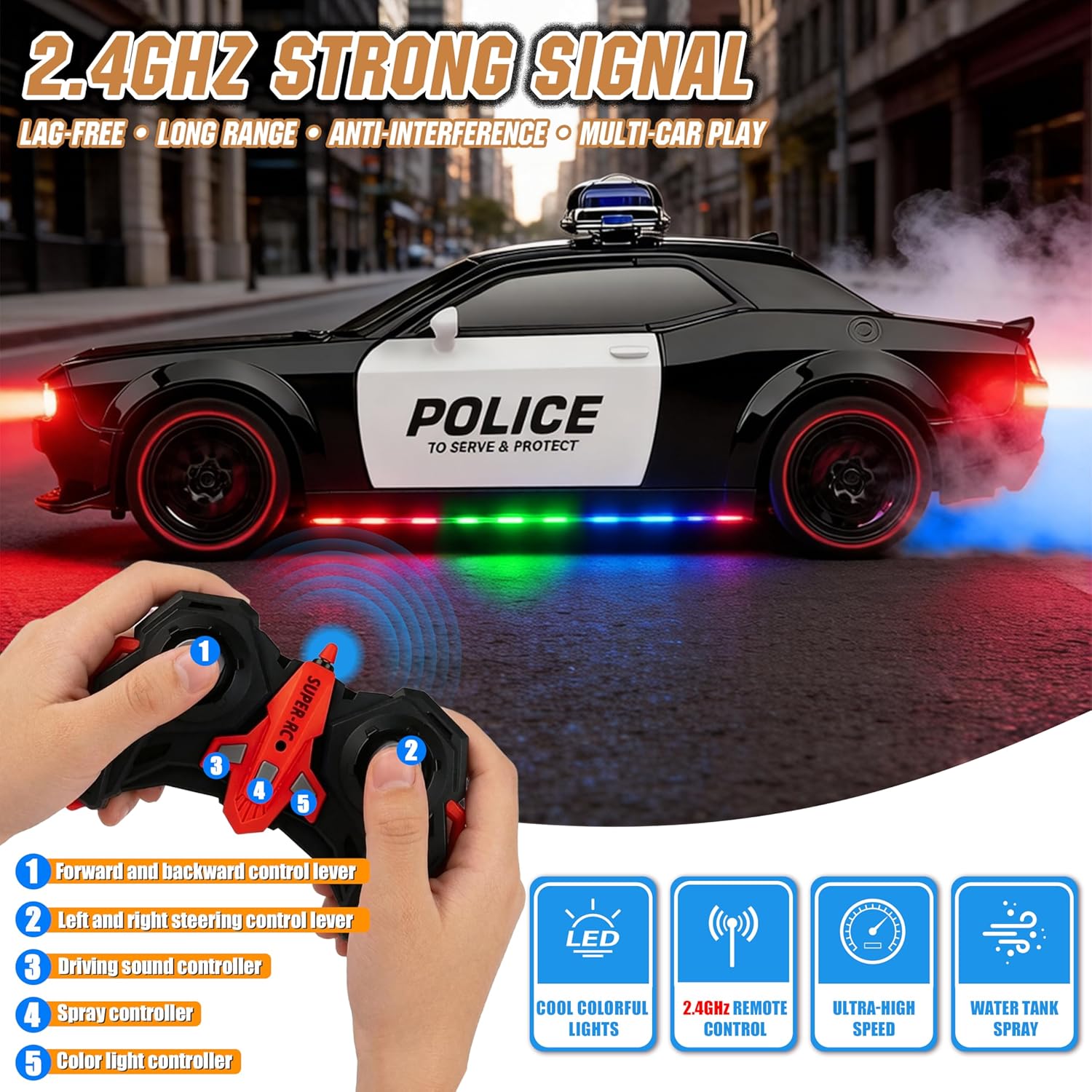 Police Car Toy, Remote Control Police Car with LED Strobe Lights & Blaring Police Siren & Smoke Effect, Remote