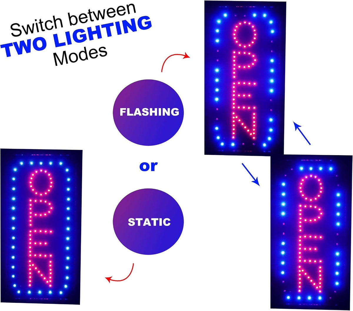 Open Sign for Business, Bright Vertical Neon-Style LED Sign