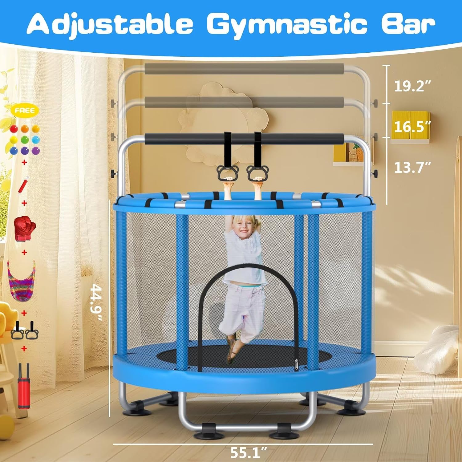 55" Trampoline for Kids with Enclosure, 440lbs Capacity Indoor & Outdoor Toddler Trampoline with Adjustable