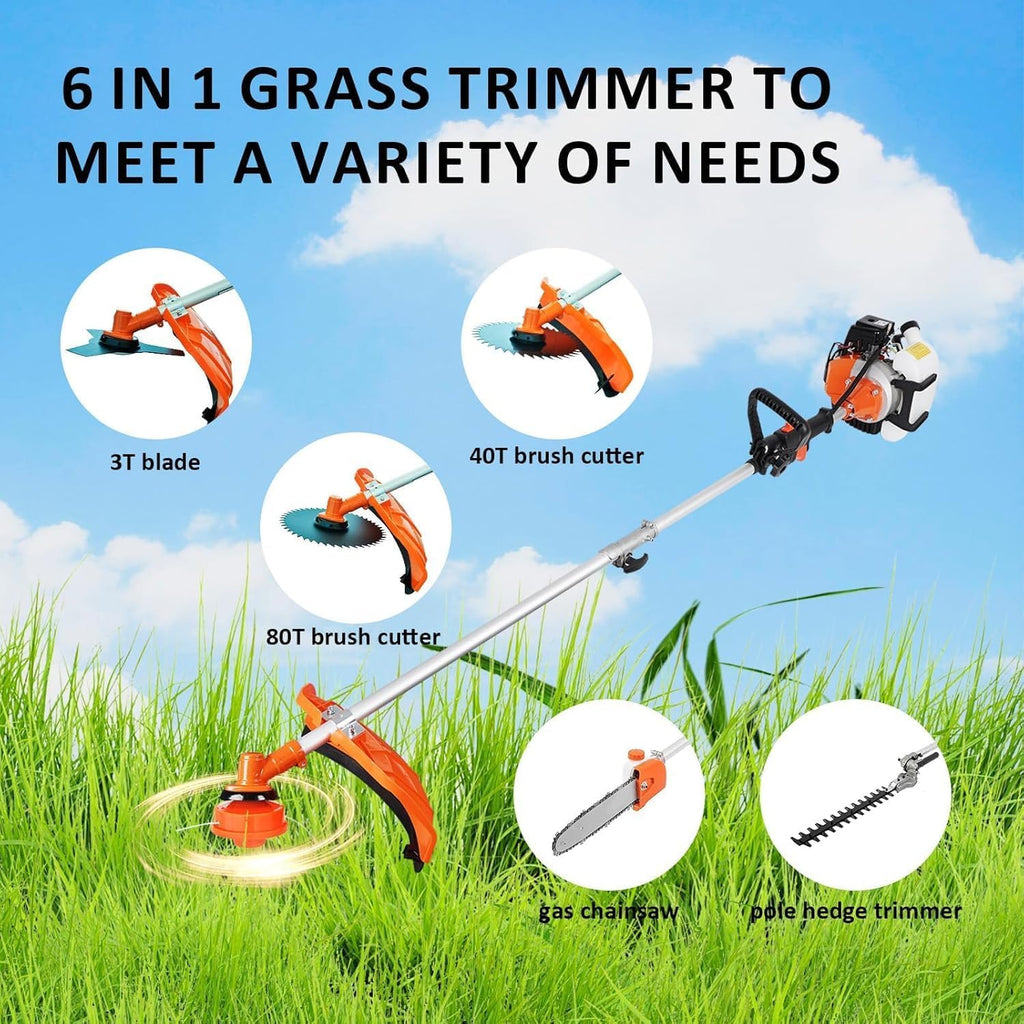 52cc Gas Powered String Trimmer & Brush Cutter, 2-Cycle Professional Weed Eater Weed Wacker 6-in-1 Multi-Tool with