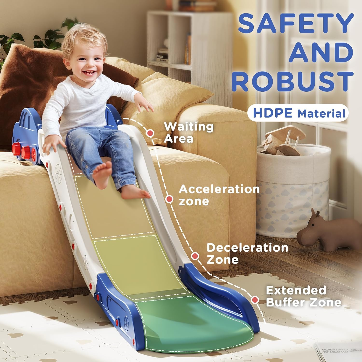 Toddler Slide 63" Extra Long Couch Slide for Bed Sofa – Indoor Slide for Toddlers 18-48 Months, HDPE Safe