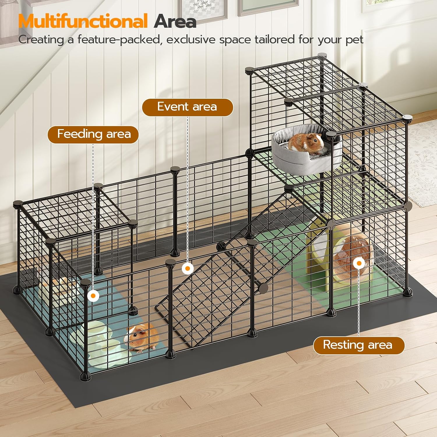 24 Panels Guinea Pig Cage with Waterproof Mat and Ramp, 57" x 31.5" x 23.6" Loft Design Small Animal Playpen, Rabbit