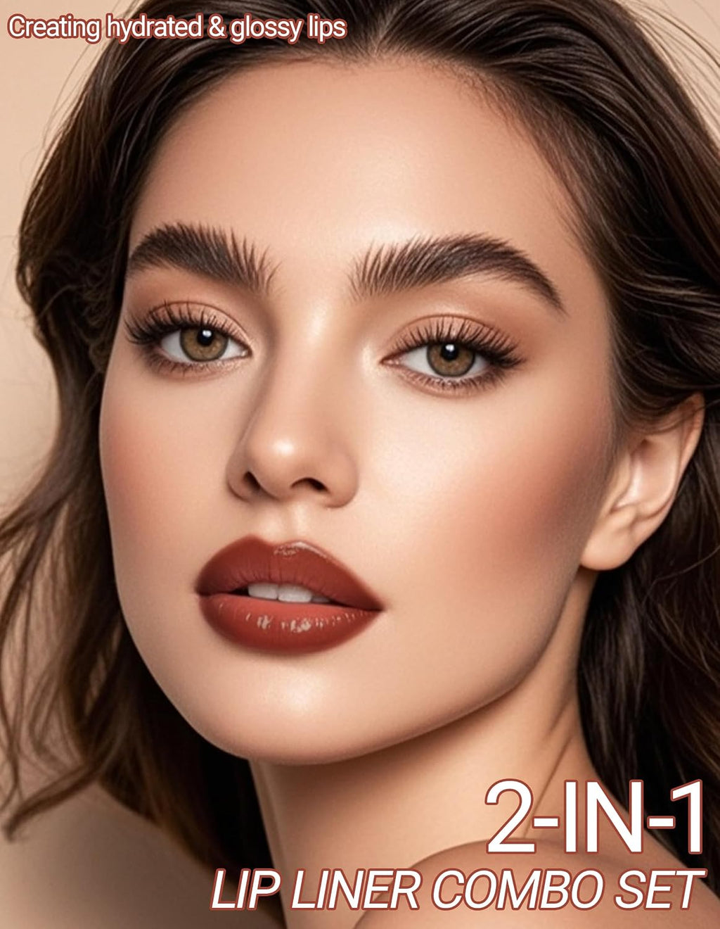 2 In 1 Lip Combo Set, Dual-Ended Lip Liner & Gloss Combo, Nude Brown Lipliner, Velvet Matte Lipstick & High-Shine