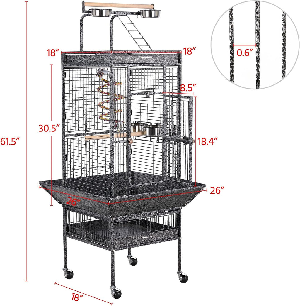 61" Playtop Parrot Bird Cage with Rolling Stand, Wrought Iron Parrot Cage for Cockatiels Quaker Conure Parakeet